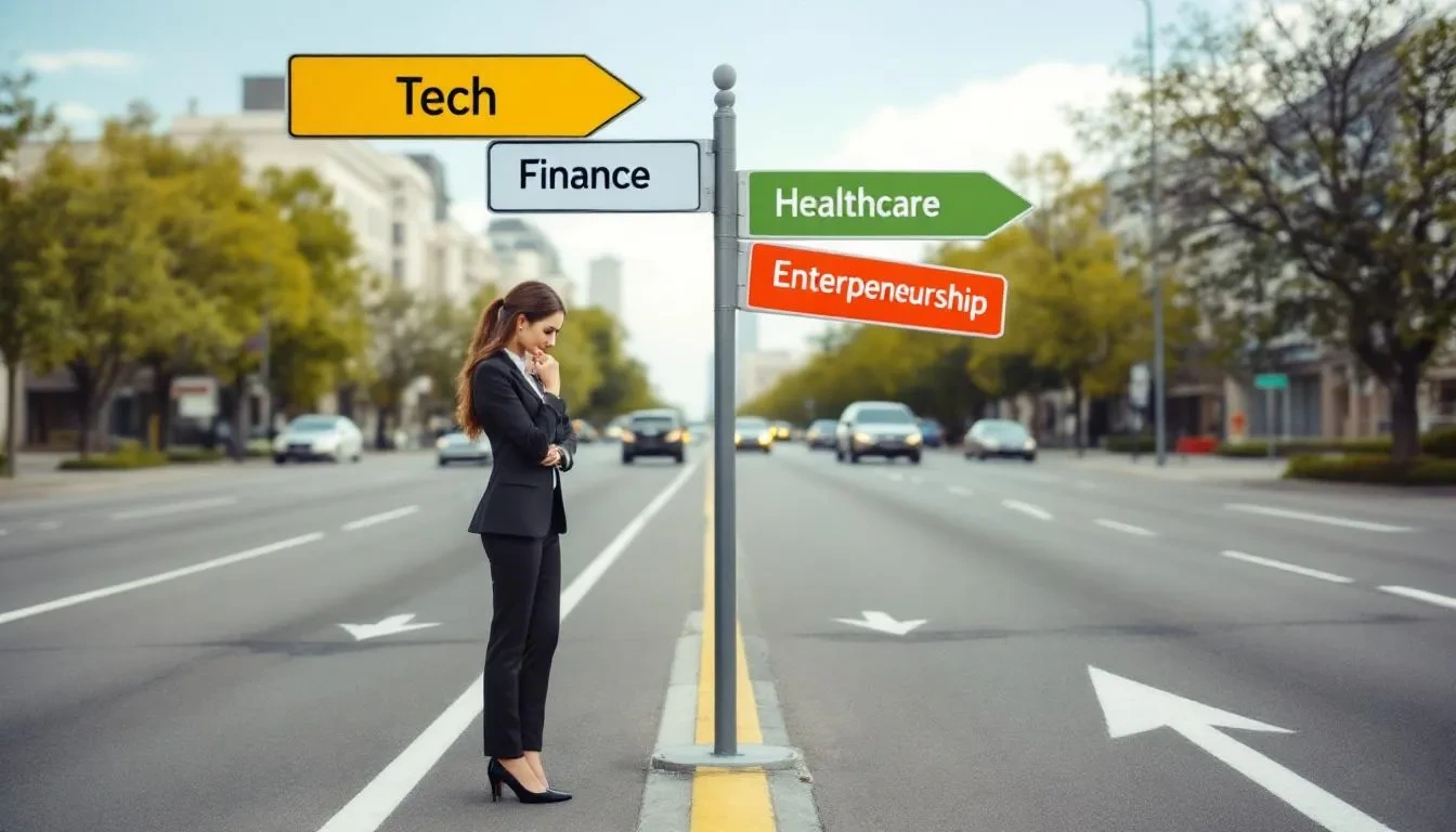 The image depicts a professional woman standing at a crossroads, contemplating various career path signs that point in different directions, symbolizing her journey of career change. This scene reflects the challenges and opportunities faced by midlife career changers as they navigate their successful career change journey and explore new career paths.